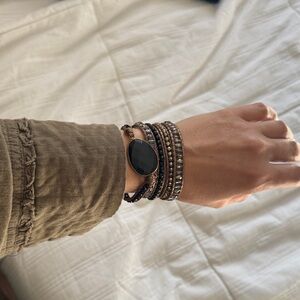 Brown Beaded Wrap Bracelet with Black Stone